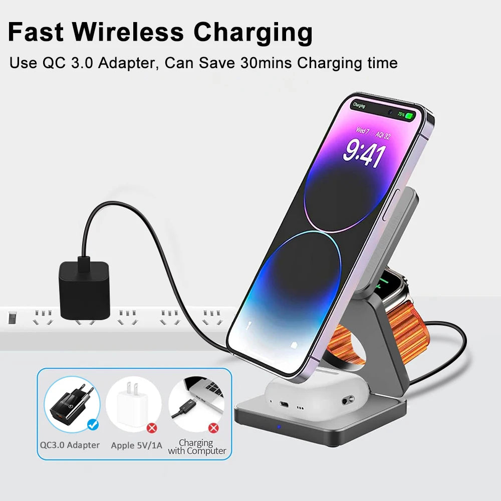 Station de charge magnétique sans fil pliable 3 en 1 pour iPhone et Apple Watch