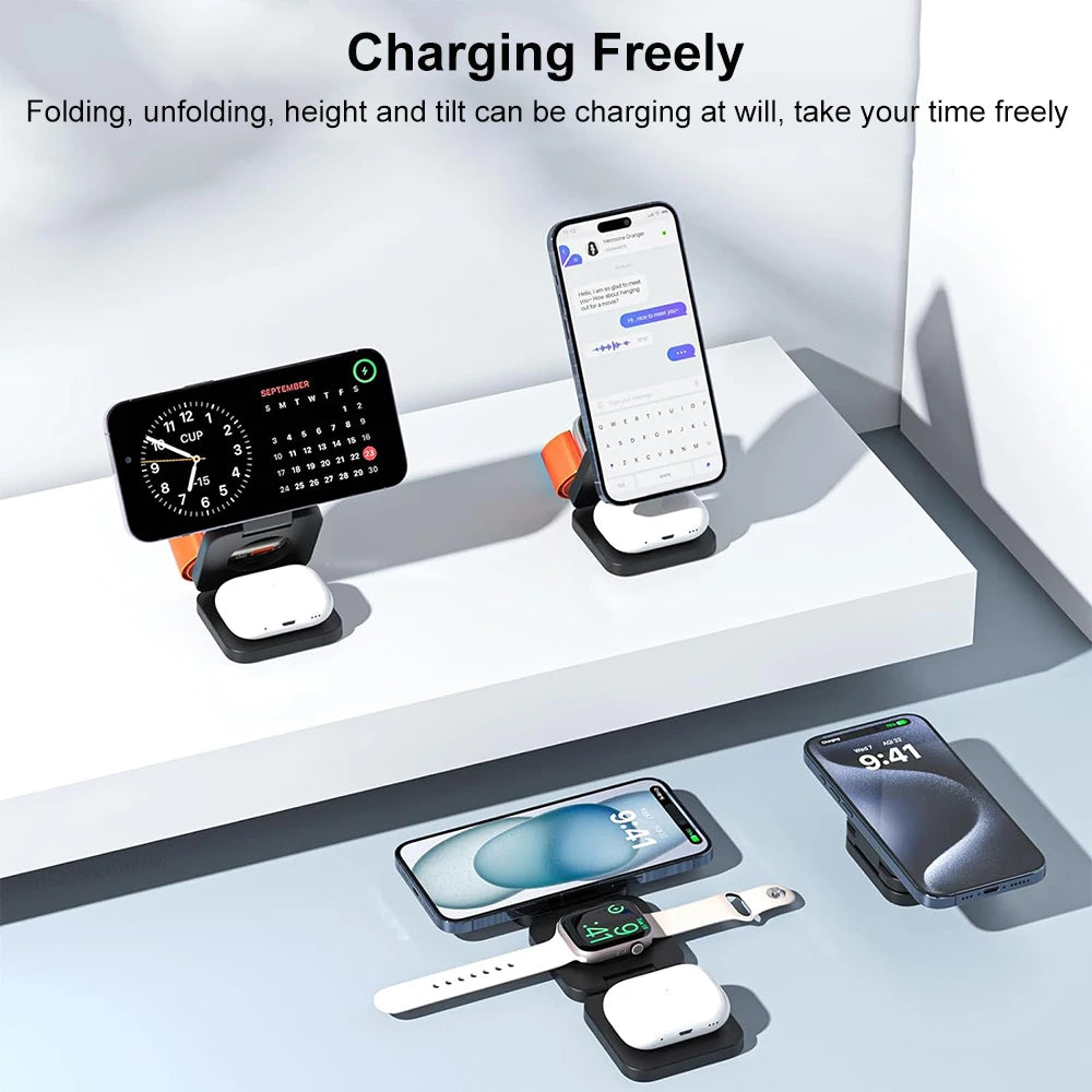 Station de charge magnétique sans fil pliable 3 en 1 pour iPhone et Apple Watch