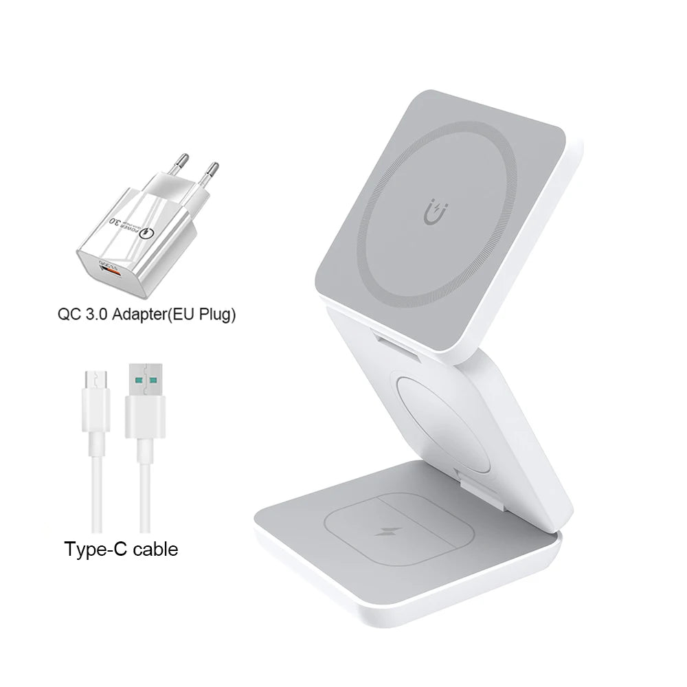 Station de charge magnétique sans fil pliable 3 en 1 pour iPhone et Apple Watch